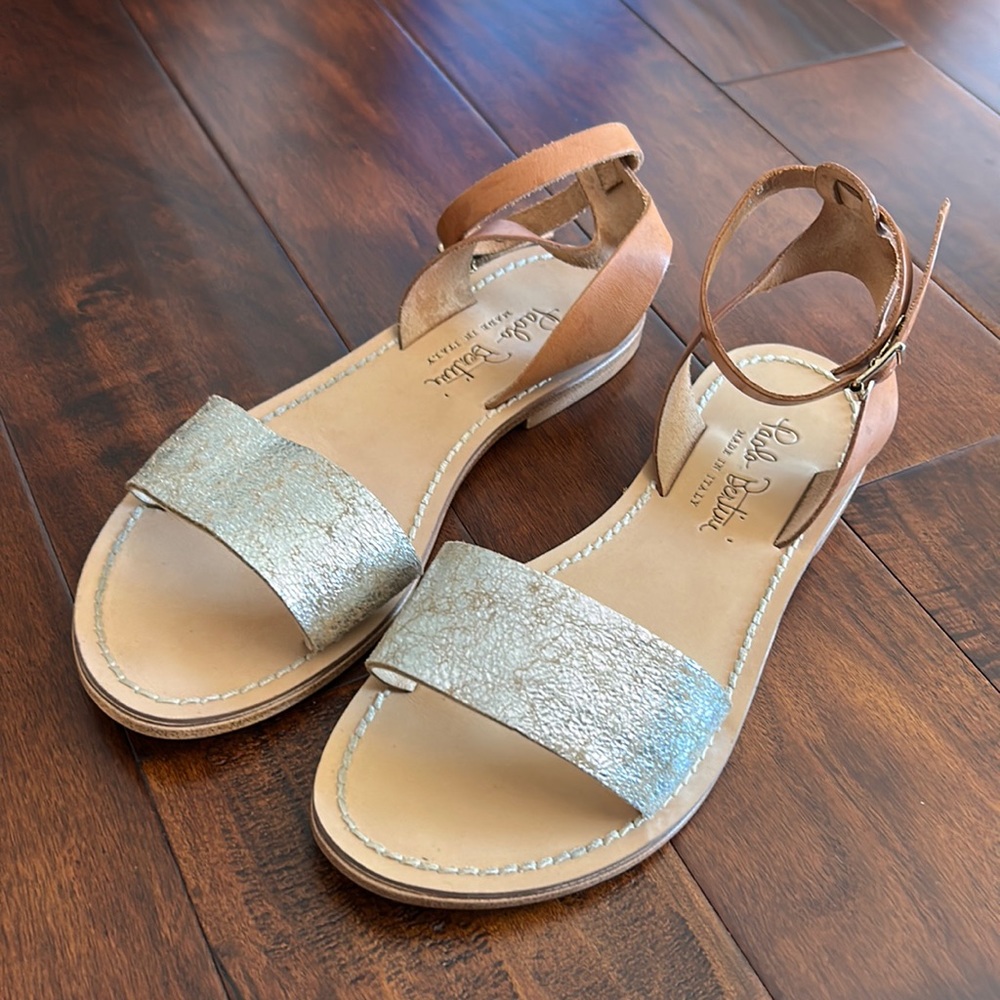 Paolo Bentini Sardinia metallic silver tan leather sandals Size 8.5 (fits 7.5/8)